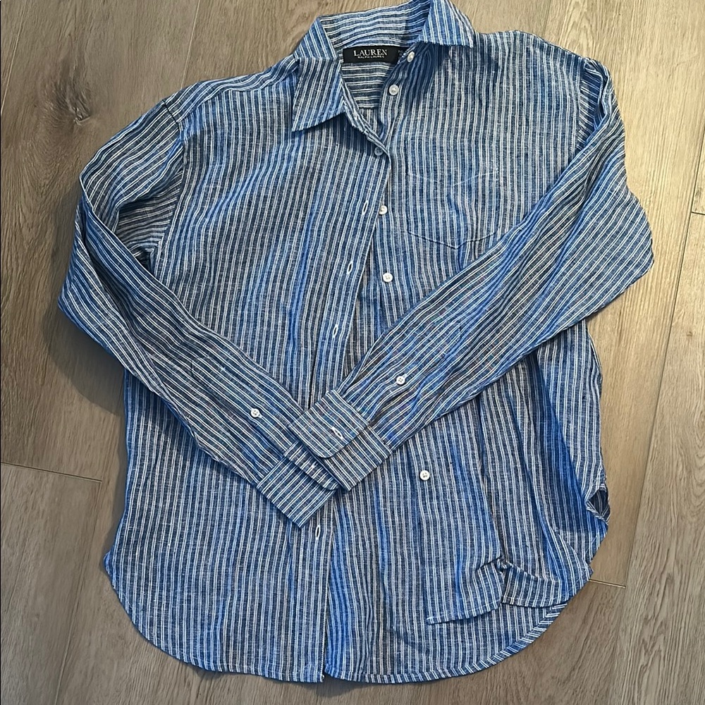 Lauren Ralph Lauren Blue Striped Linen Blend Men's Shirt